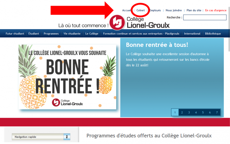 Page d'accueil du collège avec le lien vers Colnet